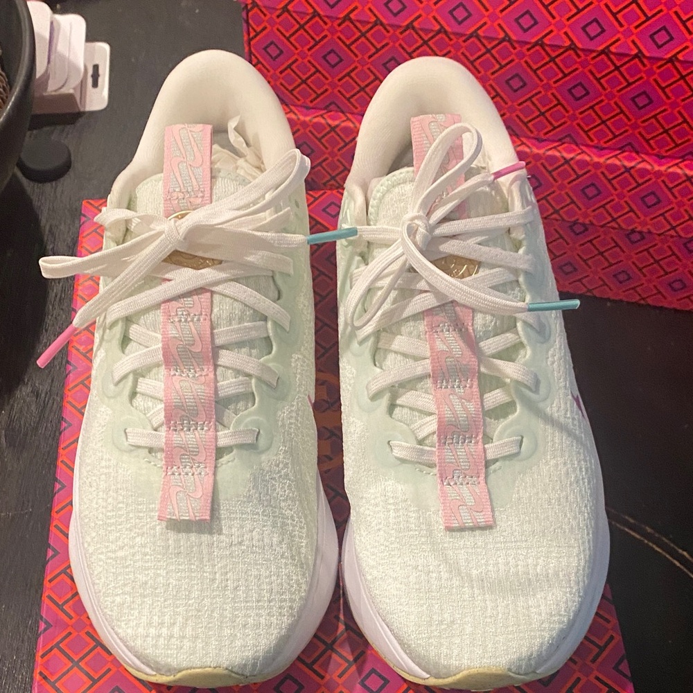 White/Pastel Green and Pink Athletic Sneakers